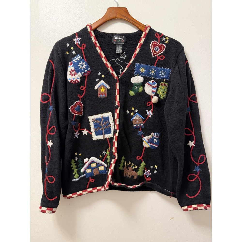 Studio Fa La La Christmas Cardigan Winter Holiday Sweater Women's Size XL Black